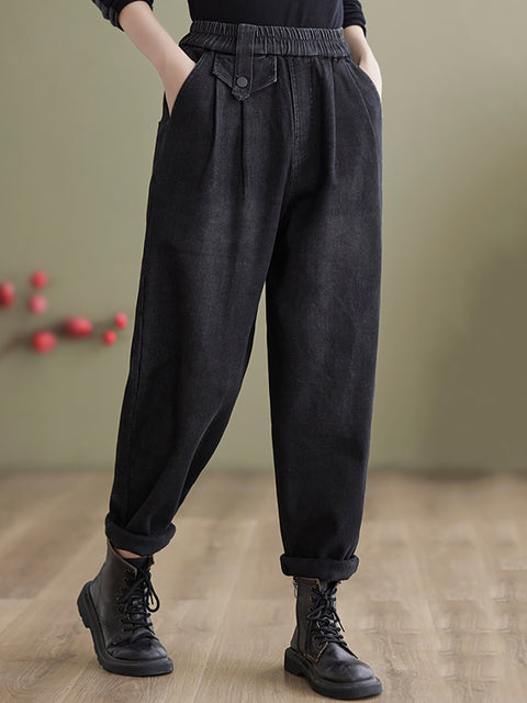 Women Casual Fleece-lined Denim Harem Pants