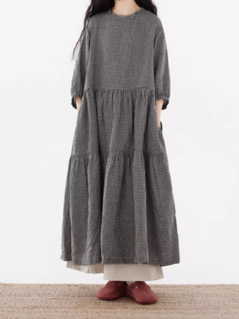 Women Artsy Plaid Loose 100%Linen Tiered Dress