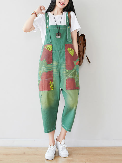 Women Summer Artsy Flower Patch Spliced Pocket Denim Jumpsuits