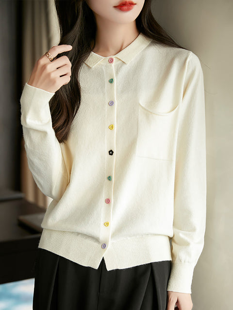 Women Spring Turn-down Collar Knit Sweater