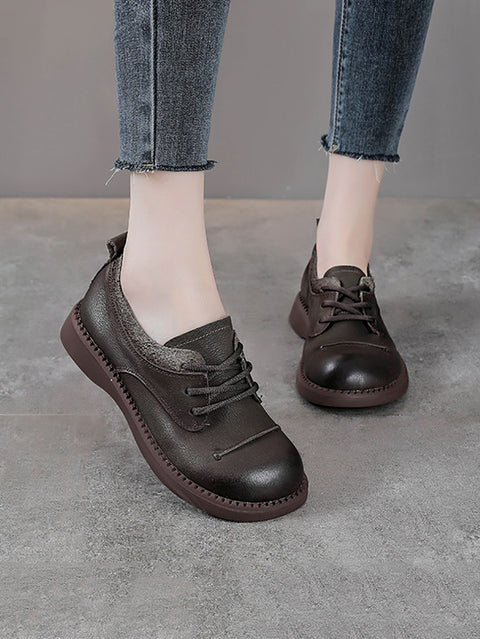 Women Vintage Genuine Leather Spliced Low Heel Shoes