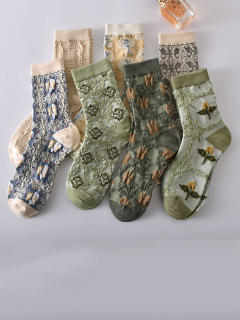 7 Pairs Women Vintage Embossment Jacquard Socks