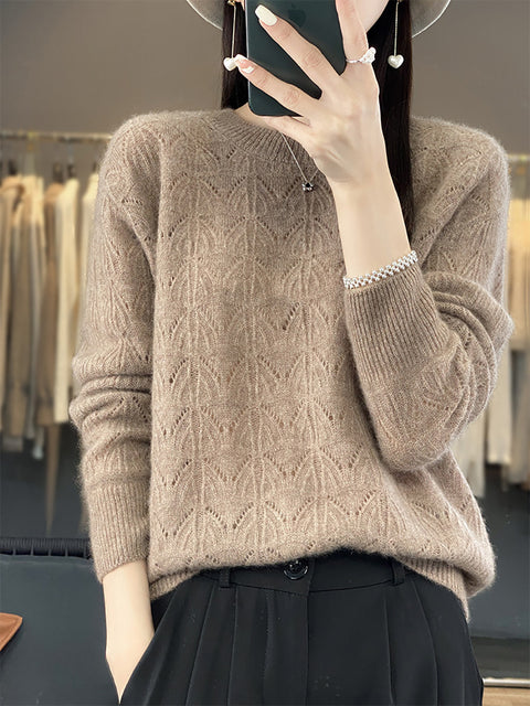 Women Autumn O-Neck Wool Hollow Out Knit Sweater