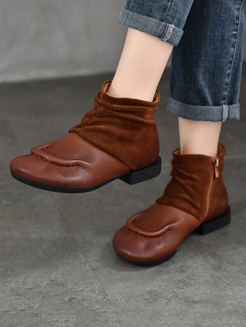 Women Vintage Suede Leather Spliced Low Heel Boots