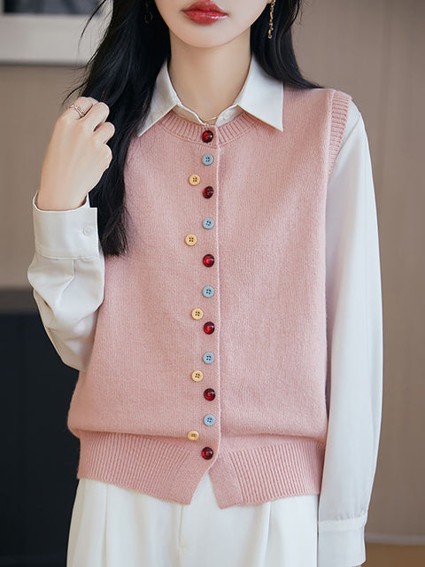 Women Spring Casual O-Neck Colorful Button Knit Vest