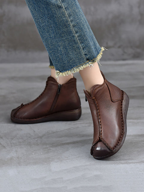 Women Vintage Genuine Leather Spliced Low Heel Boots