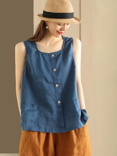 Plus Size Women Summer Solid Loose Button Pocket 100%Linen Vest