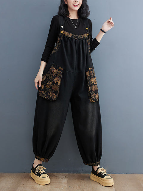 Women Vintage Floral Spliced Winter Denim Jumpsuits