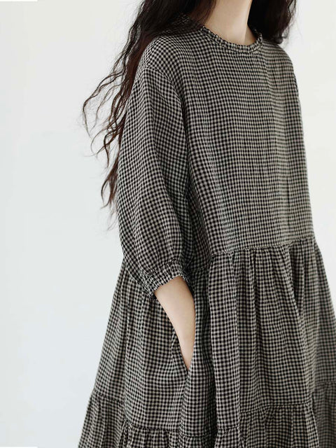 Women Artsy Plaid Loose 100%Linen Tiered Dress