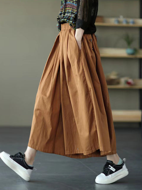 Women Summer Solid Pleat Button Pocket Wide-leg Pants