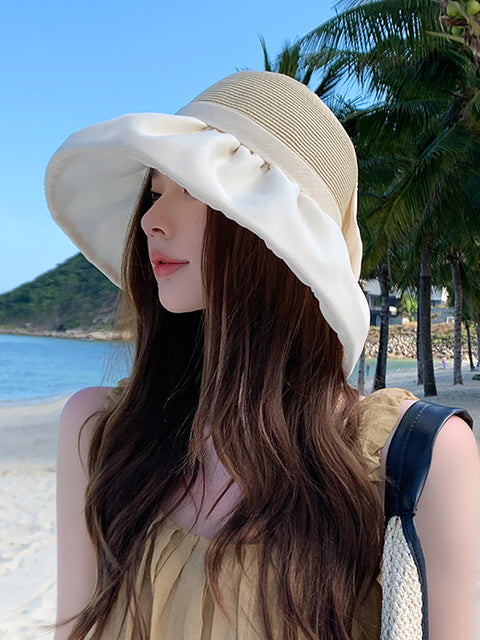 Women Summer Colorblock Straw Bowknot Sunproof Hat