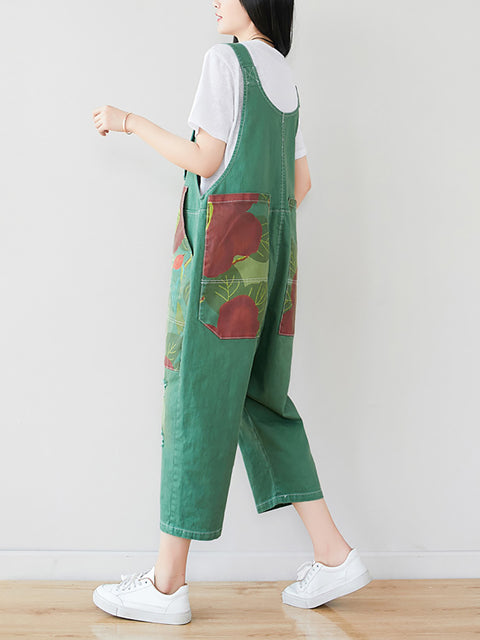 Women Summer Artsy Flower Patch Spliced Pocket Denim Jumpsuits