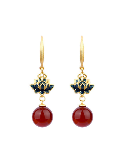 Vintage Red Bead Alloy Lotus Earrings