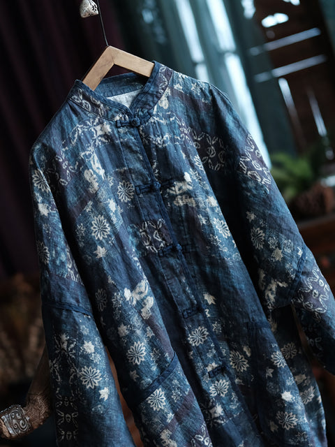 Women Spring Vintage Flower 100%Linen Shirt Coat