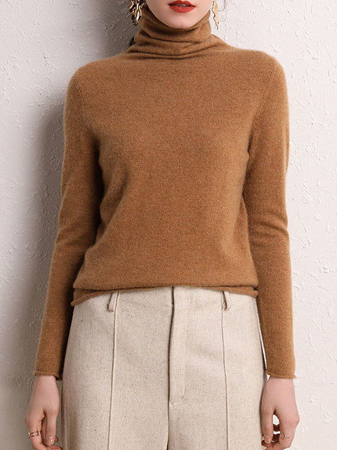 Women Winter 100%Wool Solid Turtleneck Baseshirt