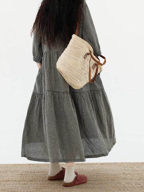 Women Artsy Plaid Loose 100%Linen Tiered Dress