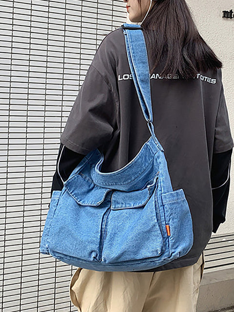 Women Vintage Solid Denim Large Capacity Bag