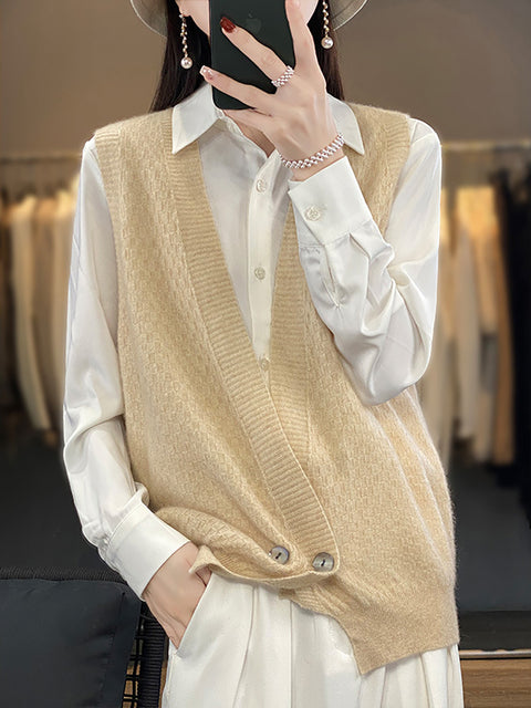 Women Casual Wool Solid V-Neck Irregular Hem Knit Vest