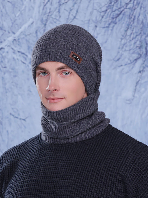 Winter Warm Windproof Fleece-lined Knit Hat and Scarf