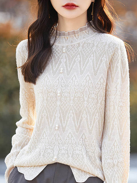 Women Spring Lace Collar Knit Sweater