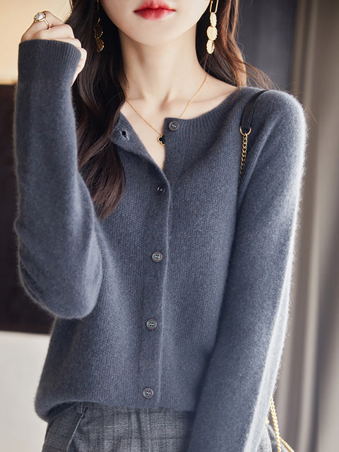 Women Autumn Wool O-Neck Cardigan Knit Sweater