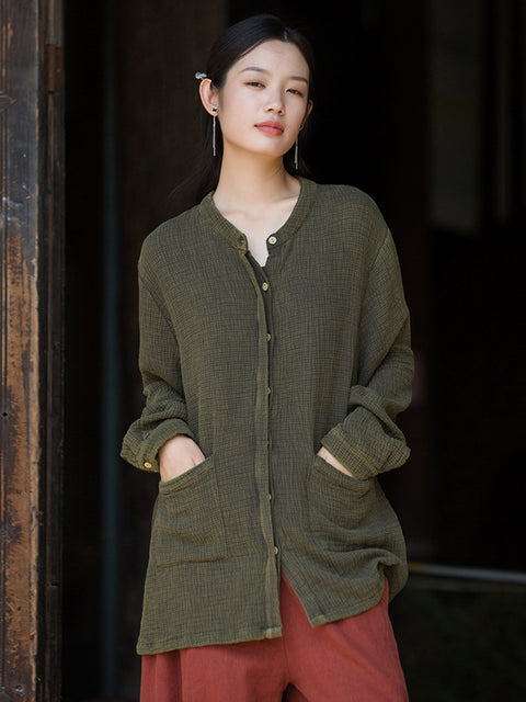 Women Vintage Autumn Solid O-Neck Shirt Coat