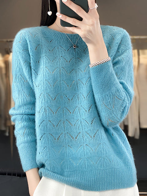 Women Autumn O-Neck Wool Hollow Out Knit Sweater