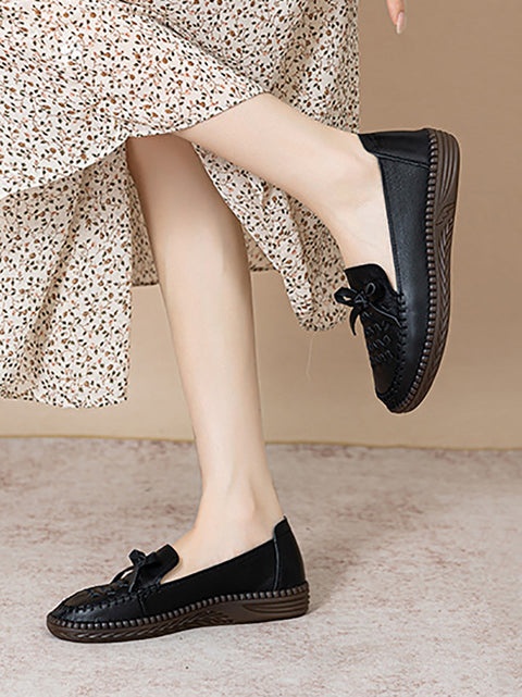 Women Retro Genuine Leather Bowknot Flat Shoes