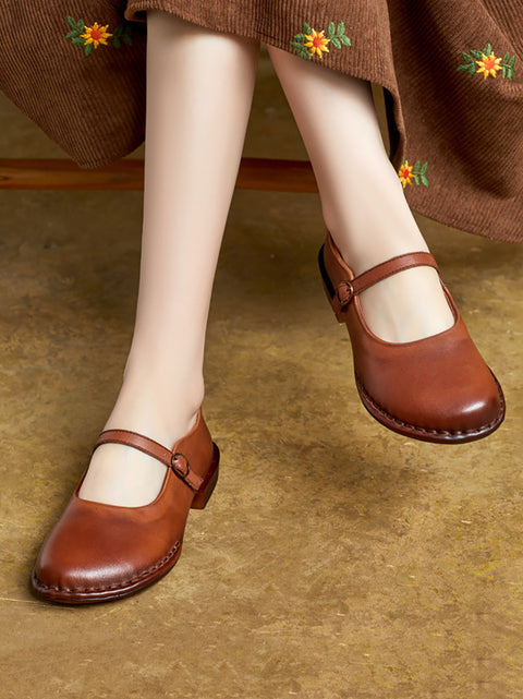 Women Vintage Summer Soft Leather Low Heel Shoes