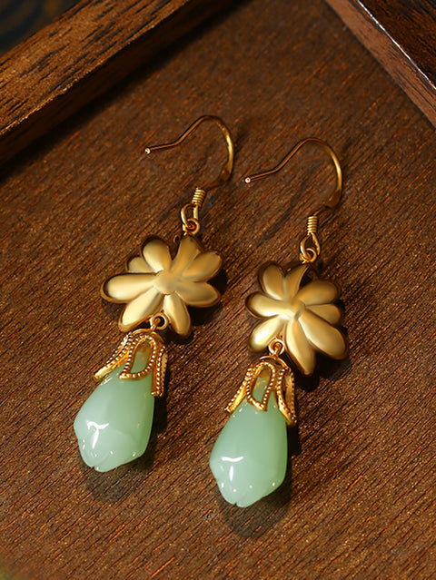 Women Ethnic Jade Glod Plating Flower Earrings