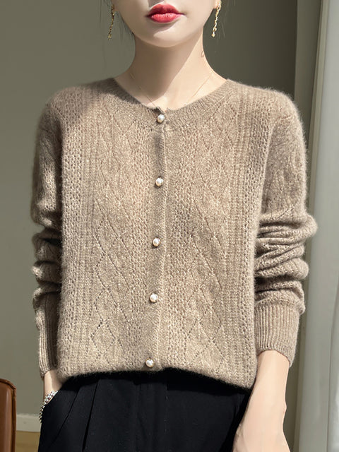 Women Autumn Wool O-Neck Cardigan Knit Sweater