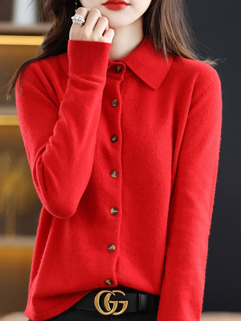 Women Autumn Wool Turn-down Collar Knit Cardigan Sweater