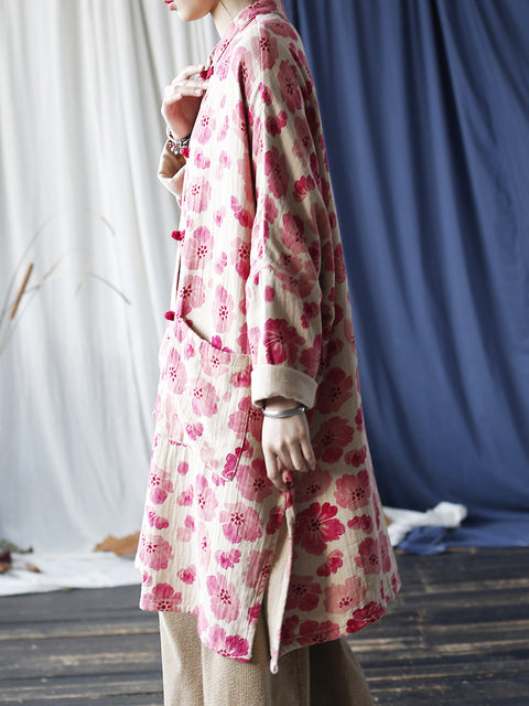 Women Vintage Spring Flower Buckle Robe Long Shirt