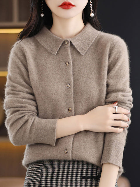 Women Autumn Wool Turn-down Collar Knit Cardigan Sweater