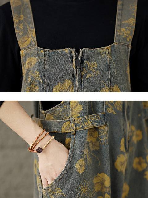 Women Autumn Retro Flower Zipper Denim Jumpsuits