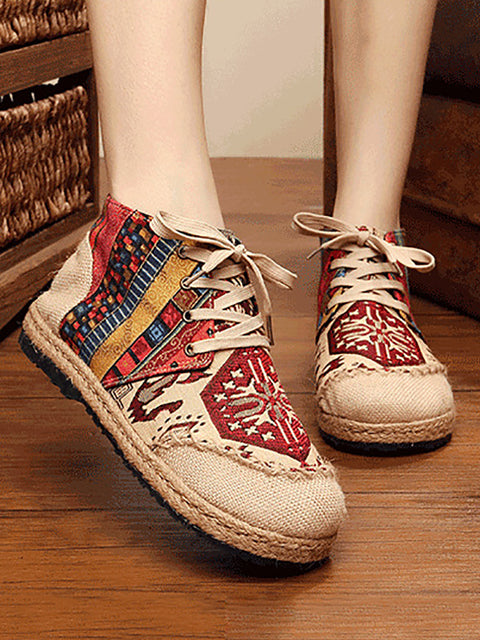 Women Ethnic Spliced Linen Embroidery Shoes