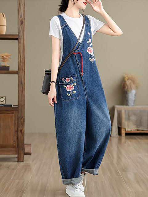 Women Spring Vintage Flower Embroidery Denim Jumpsuits