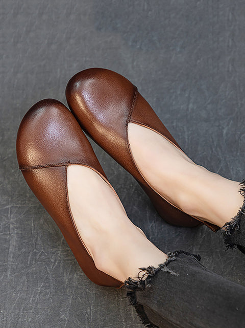 Women Vintage Spring Leather Low-Heel Shoes