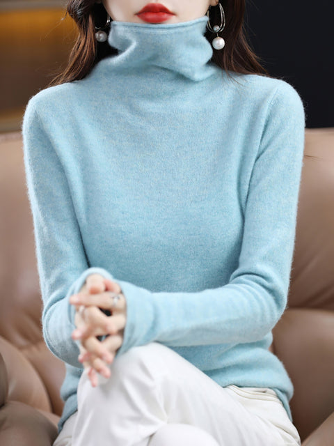 Women Winter 100%Wool Solid Turtleneck Baseshirt