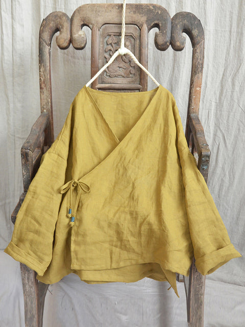 Women Vintage Autumn V-Neck Strap Loose Linen Blouse