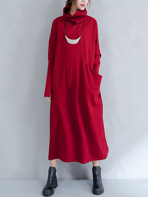 Plus Size Women Autumn Pure Color Turtleneck Loose Dress