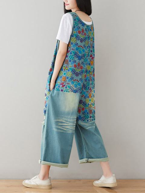 Women Vintage Floral Frayed Pocket Straight-leg Denim Jumpsuits