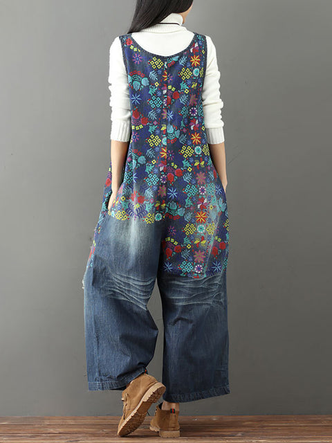 Women Vintage Floral Frayed Pocket Straight-leg Denim Jumpsuits