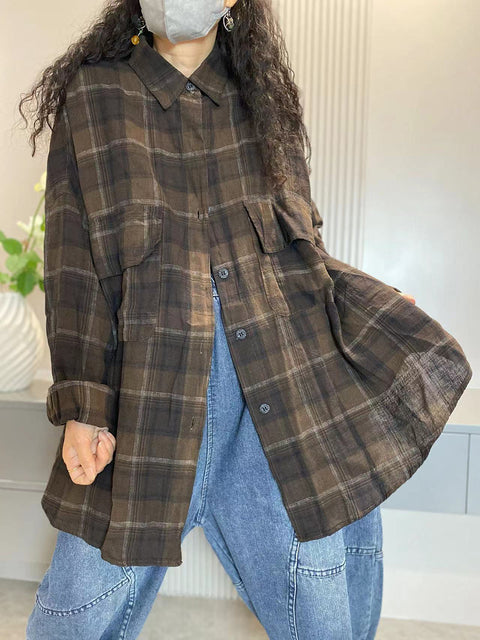 Plus Size Women Vintage Plaid Pocket Long Cardigan Shirt