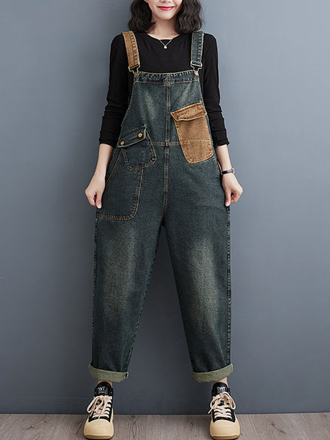 Women Vintage Colorblock Denim Loose Jumpsuits