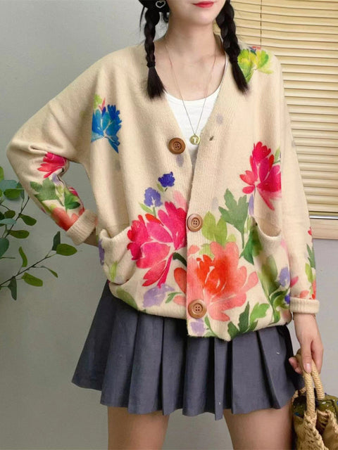 Women Spring Flower Knitted V-Neck Cardigan Sweater