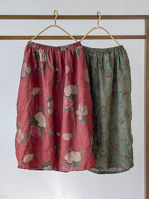 Women Summer Vintage Flower Loose Linen Skirt