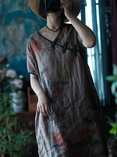 Women Ethnic Summer Flower Print Buckle Linen Dress