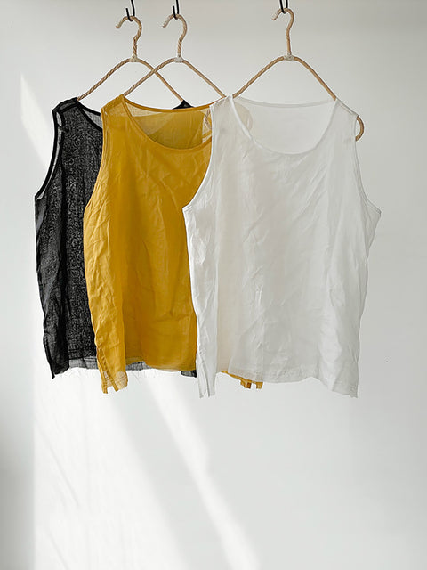 Women Summer Vintage Solid O-Neck Ramie Vest