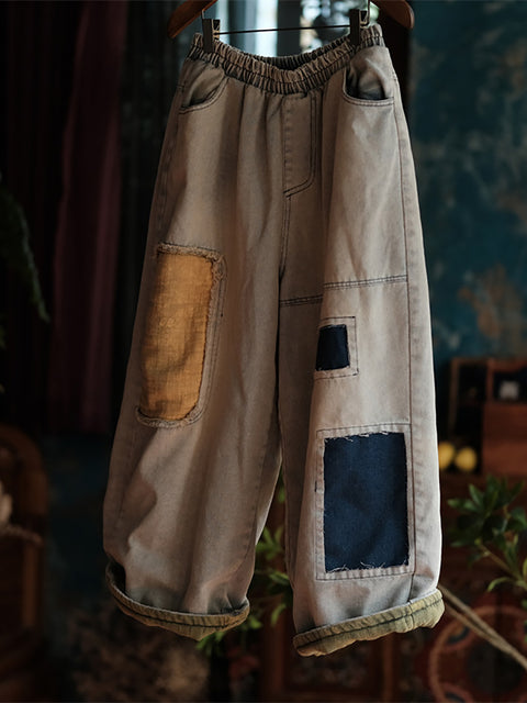 Women Vintage Patch Spliced Denim Harem Pants